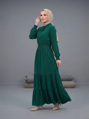 Mismoly Beli Gipe Detaylı Kat Kat Etekli Tesettür Elbise