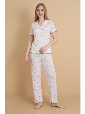 Wordex Mirano 1714 Çiçekli Pointel Ince Kumaş Düğmeli Kısa Kollu Kadın Pijama Takımı