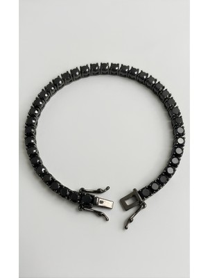 KFS Işıltılı Siyah Oniks Su Yolu Bileklik 4 mm 925 Ayar Gümüş