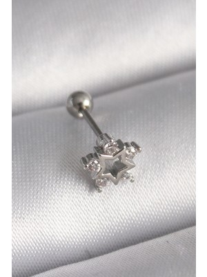 Nacario Mey Ithalat® 316L Çelik Gümüş Renk Zirkon Taşlı Yıldız Model Tragus Piercing