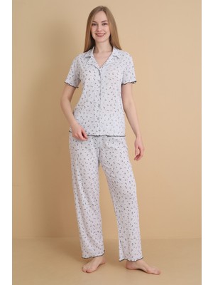 Wordex Mirano 1714 Çiçekli Pointel Ince Kumaş Düğmeli Kısa Kollu Kadın Pijama Takımı