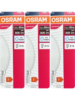 Avarson (3 Adet) Ledvance 7,5W Beyaz Işık (6500K) E14 Duylu (Ince Duy) LED Ampul