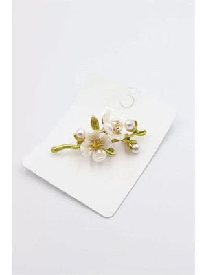 Die Grup Çiçek Dalı Broş - Beyaz