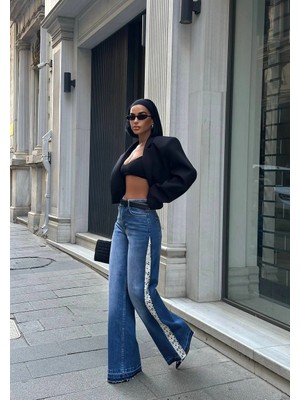Tasarım Yanları Dantel Detaylı Wide Leg Jean Kot Pantalon