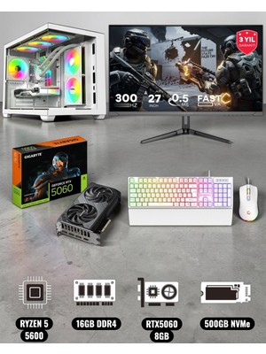 Symoon Ryzen 5 5600 16GB Ddr4 Ram 500GB Nvme 5060 8gb Ekran Kartlı 240MM Sıvı Soğutmalı 27 Inç Monitörlü Klavyeli Gaming Pc