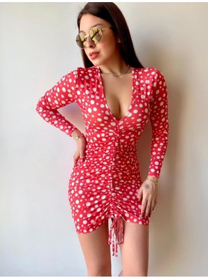 Kadın V Yaka Önü Asansör Büzgü Detay Fırsat Ürün Puantiyeli Mini Elbise