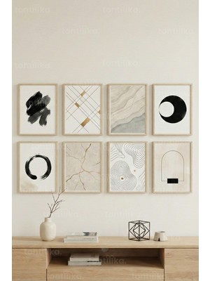 Tontilika 8 Parça Modern Minimal Soyut Dekoratif Çerçeve Görünümlü Tablo Seti - Geometrik ve Zen Tema