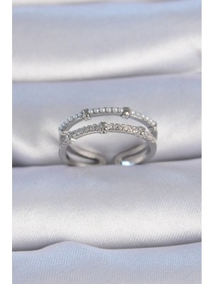 Nacario Mey Ithalat® Pirinç Gümüş Renk Zirkon Taşlı Inci Detay Kadın Yüzük