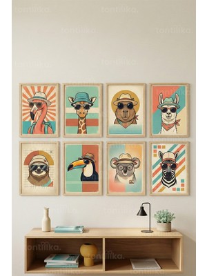 Tontilika 8 Parça Retro Renkli Hayvan Portreleri Dekoratif Çerçeve Görünümlü Tablo Seti - Illistrasyon Tema