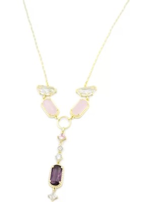 Die Grup Pembe Taşlı Kolye - Altın