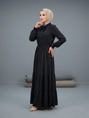 Mismoly Beli Gipe Detaylı Kat Kat Etekli Tesettür Elbise