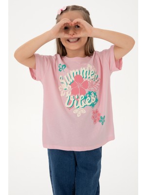 U.S. Polo Assn. Kız Çocuk Açık Pembe Comfort Fit Bisiklet Yaka Baskılı Pamuk Tişört 50306203-VR078