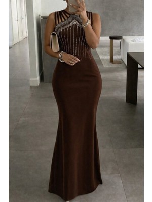 Kadın Omuz Çoklu Askılı Önü Taş Işlemeli Balık Kesim Janjan Krep Maxi Boy Elbise