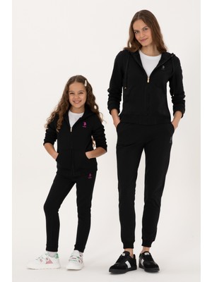 U.S. Polo Assn. Kız Çocuk Siyah Kapüşonlu Fermuarlı Şardonlu Basic Sweatshirt 50316809-VR046