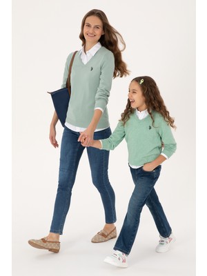 U.S. Polo Assn. Kadın Yeşil Melanj V Yaka Basic Kazak 50313590-VR115