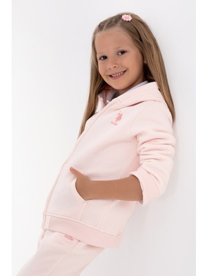 U.S. Polo Assn. Kız Çocuk Açık Pembe Kapüşonlu Fermuarlı Şardonlu Basic Sweatshirt 50316809-VR078