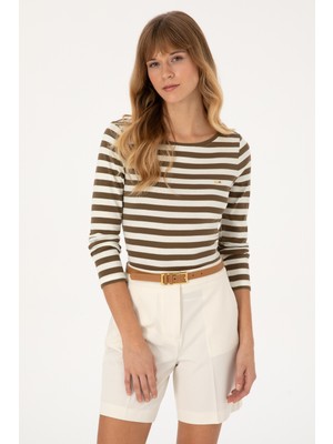 U.S. Polo Assn. Kadın Haki Çizgili Bisiklet Yaka Sweatshırt 50314203-VR027