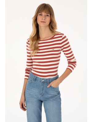 U.S. Polo Assn. Kadın Kiremit Çizgili Bisiklet Yaka Sweatshırt 50314203-VR026