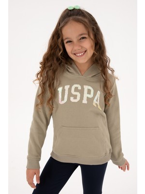 U.S. Polo Assn. Kız Çocuk Açık Haki Payet İşlemeli Kapüşonlu Basic Sweatshirt 50314312-VR183