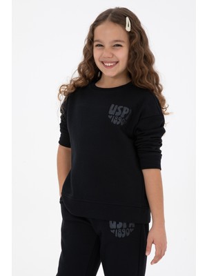 U.S. Polo Assn. Kız Çocuk Siyah Simli Baskı Detaylı Bisiklet Yaka Basic Sweatshirt 50314289-VR046