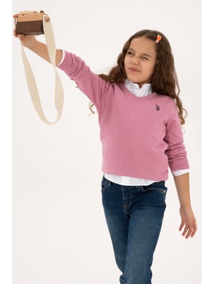 U.S. Polo Assn. Kız Çocuk Pembe V Yaka Basic Kazak 50316777-VR167