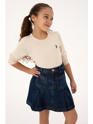 U.S. Polo Assn. Kız Çocuk Krem Melanj Bisiklet Yaka Basic Kazak 50316808-VR159