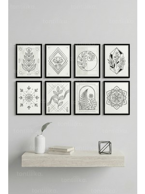 Tontilika 8 Parça Siyah Beyaz Geometrik Botanik Dekoratif Çerçeve Görünümlü Tablo Seti - Geometrik Tema