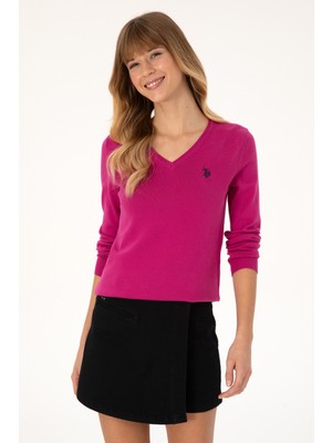 U.S. Polo Assn. Kadın Pembe V Yaka Basic Kazak 50313590-VR252