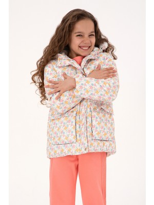 U.S. Polo Assn. Kız Çocuk Krem Çiçek Desenli İçi Polar Kapüşonlu Mont 50313063-VR256