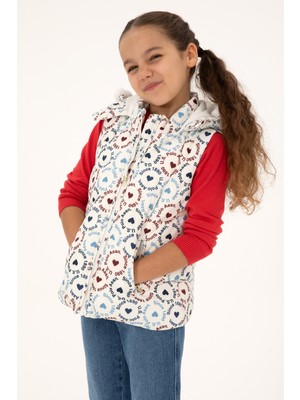 U.S. Polo Assn. Kız Çocuk Krem Kalp Desenli Kapüşonlu Şişme Yelek 50313176-VR256