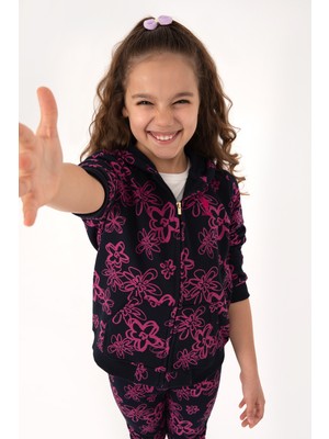 U.S. Polo Assn. Kız Çocuk Lacivert Kapüşonlu Fermuarlı Çiçek Desenli Sweatshirt 50317959-VR033