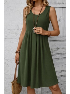 Kadın Askılı Yuvarlak Yakalı Önden Pileli Kısa Aerobin Elbise