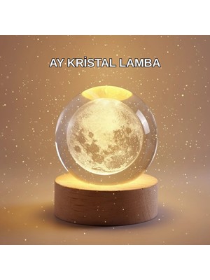 Nacario Mey Ithalat® 8 cm Ay Desenli Kristal Küre Sıcak LED Işıklı Ahşap Tabanlı Oda Lambası