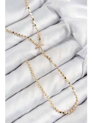 Nacario Mey Ithalat® Pirinç Zirkon Taşlı Ezme Zincirli Deniz Yıldızı Model Gold Renk Y Kolye