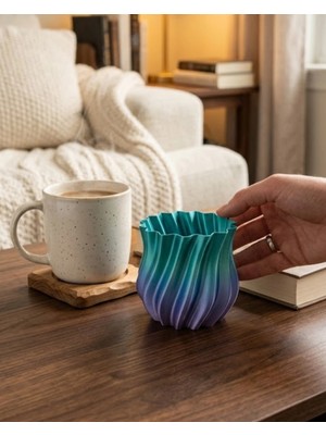 Nacario Mey Ithalat® Mavi Degrade Kıvrımlı 3D Vazo Minimal Modern Ev Dekoru