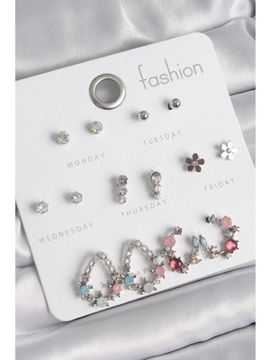 Nacario Mey Ithalat® Pirinç Gümüş Renk Zirkon Taşlı Damla Model Çiçek Detay 7 Çift Kadın Küpe Seti