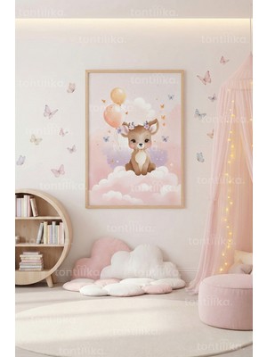 Tontilika Pembe Balonlu Geyik Dekoratif Ahşap Çerçeveli Tablo – Çocuk Odası Duvar Dekoru