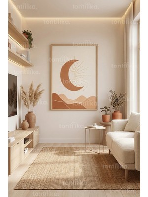 Tontilika Kum Tonlarında Hilal Minimal Dekoratif Ahşap Çerçeveli Tablo – Modern Salon Dekoru
