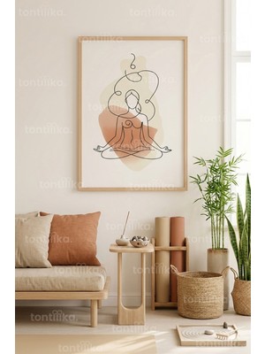 Tontilika Yoga Çizgi Sanatı Dekoratif Ahşap Çerçeveli Tablo – Modern Meditasyon Dekoru