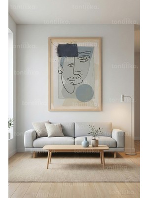 Tontilika Soyut Mavi Tonlar Çizgi Yüz Dekoratif Ahşap Çerçeveli Tablo – Modern Minimal Tema