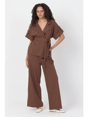 Diemmood Kadın Keten Kumaş Kısa Kollu Kemer Detaylı Kahverengi Pantolon Gömlek Takım