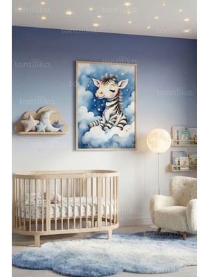 Tontilika Bulutlar Üzerinde Sevimli Zebra Dekoratif Ahşap Çerçeveli Tablo – Çocuk Odası Dekoru