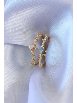 Nacario Mey Ithalat® Gold Renk Zirkon Taşlı Taç Figür Pirinç Kadın Yüzük