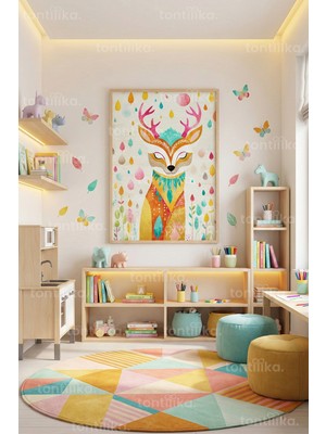 Tontilika Rengarenk Geyik Illüstrasyonu Dekoratif Ahşap Çerçeveli Tablo – Çocuk Odası Duvar Dekoru