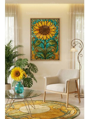 Tontilika Renkli Ayçiçeği Vitray Stil Dekoratif Ahşap Çerçeveli Tablo – Salon Duvar Dekoru