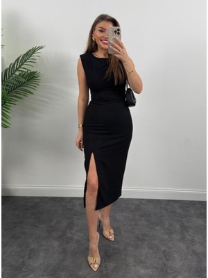 Kadın Askılı Kolsuz Belden Büzgülü Yırtmaçlı Midi Janjan Krep Elbise