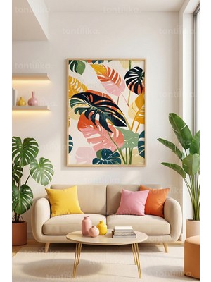 Tontilika Canlı Renkli Tropik Yapraklar Dekoratif Ahşap Çerçeveli Tablo – Bitki ve Çiçek Tema