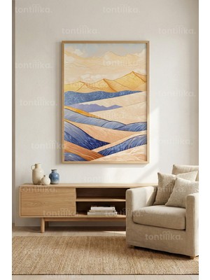 Tontilika Sıcak Tonlarda Soyut Dağ Manzarası Dekoratif Ahşap Çerçeveli Tablo – Doğa Tema