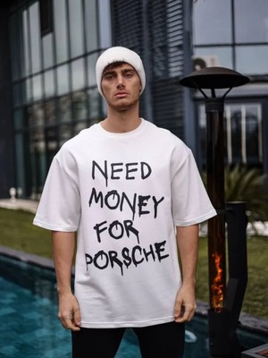 Pileli Store Pilelistore- Unisex Bisiklet Yaka Baskılı Oversize T-Shirt - Beyaz