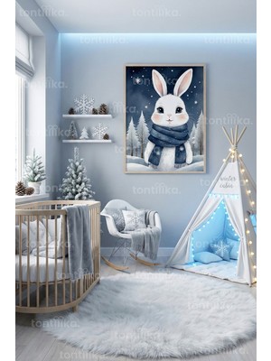 Tontilika Kış Temalı Tavşan Dekoratif Ahşap Çerçeveli Tablo – Çocuk Odası Duvar Dekoru